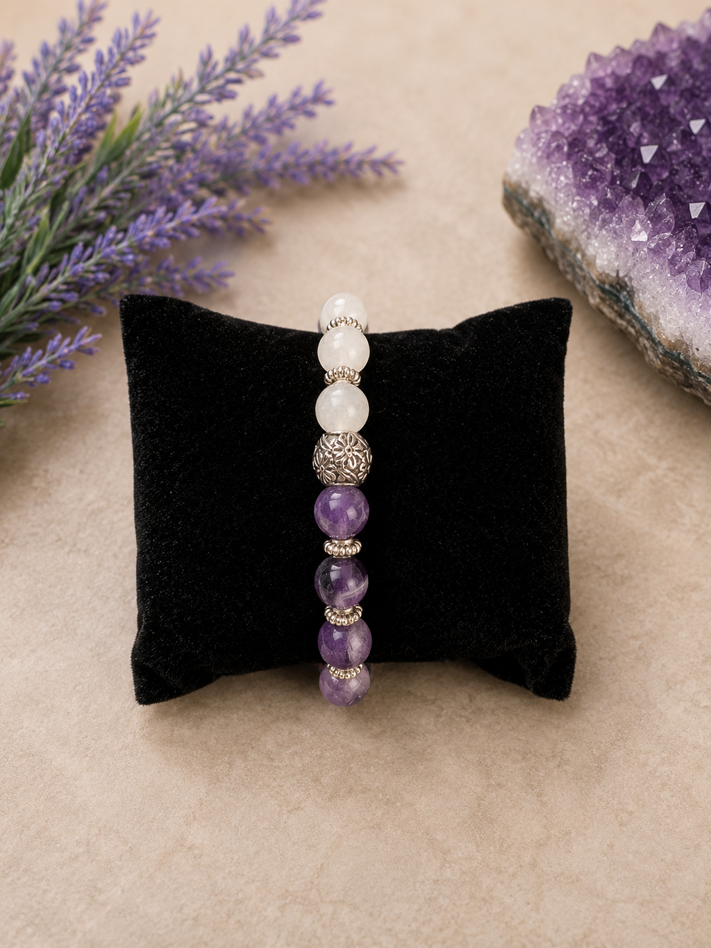 Moonlit Harmony – AAA Chevron Amethyst & AA Rainbow Moonstone Bracelet - Size 7.5