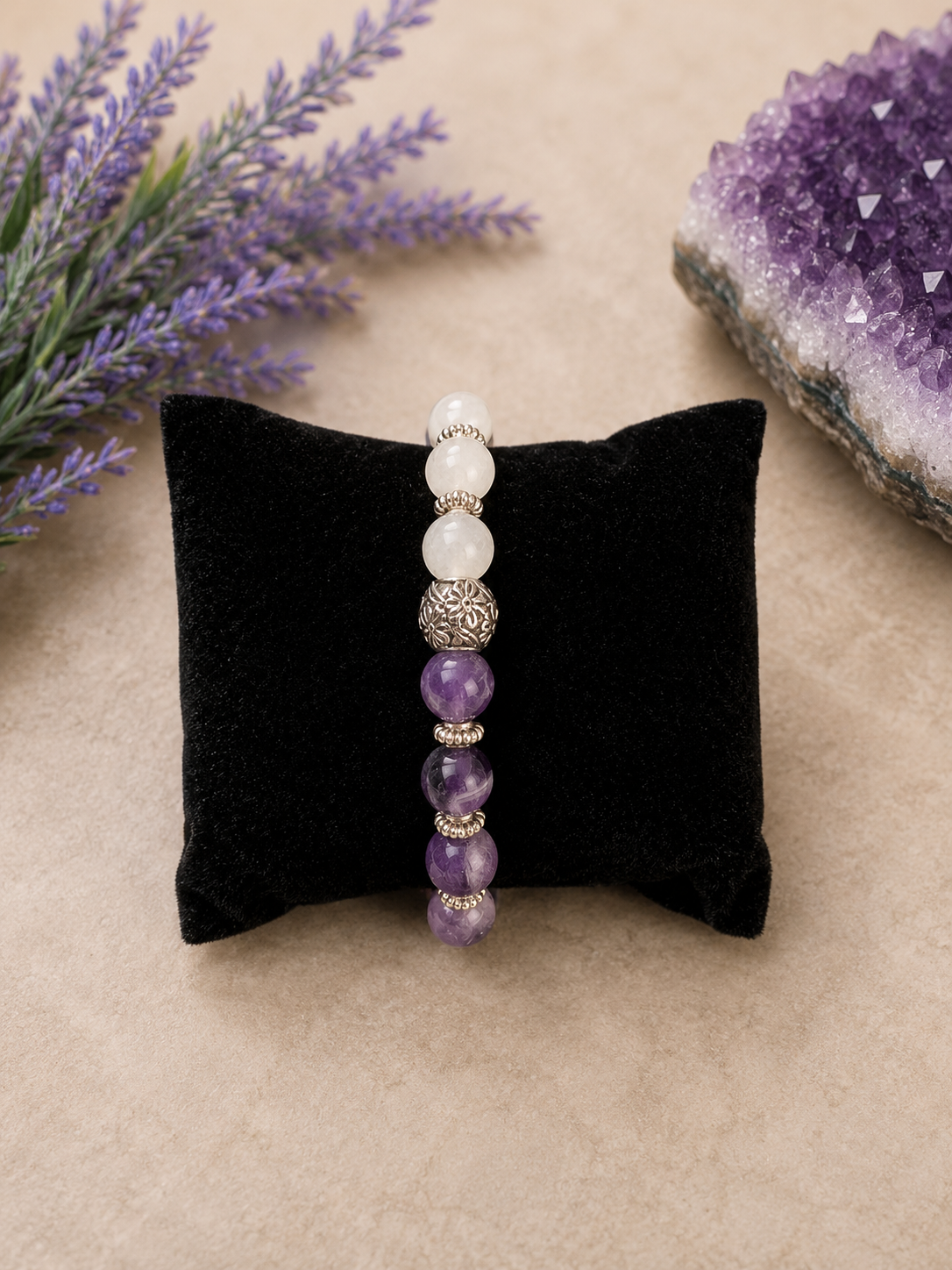 Moonlit Harmony – AAA Chevron Amethyst & AA Rainbow Moonstone Bracelet - Size 7.5