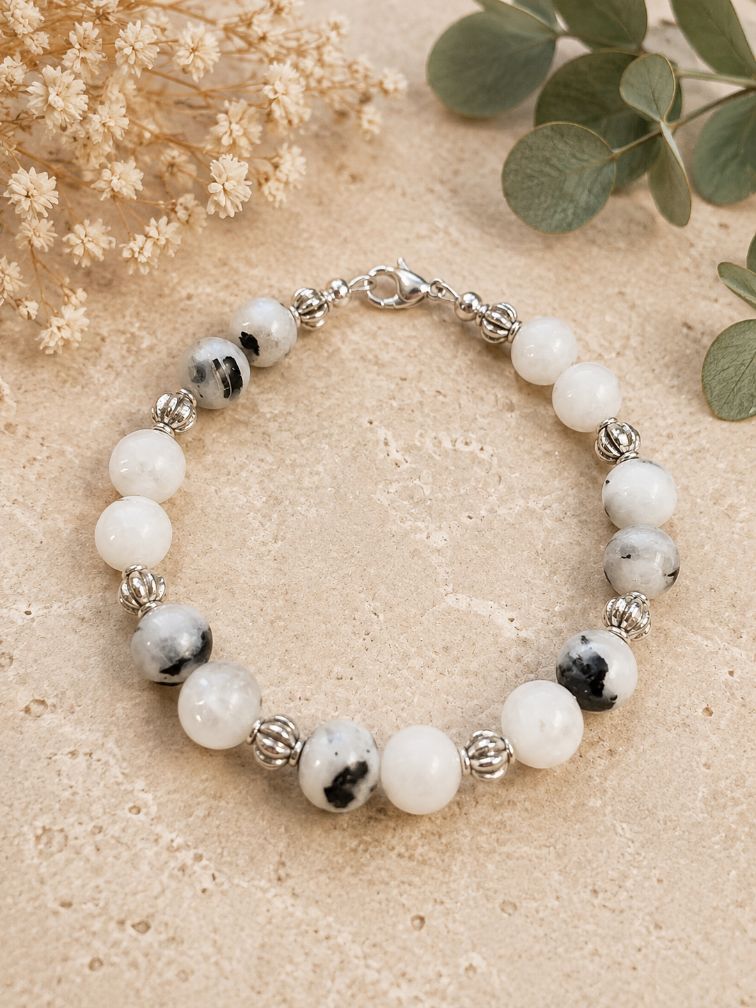 Moonlit Balance Bracelet — Rainbow Moonstone with Black Tourmaline - Size 7.5