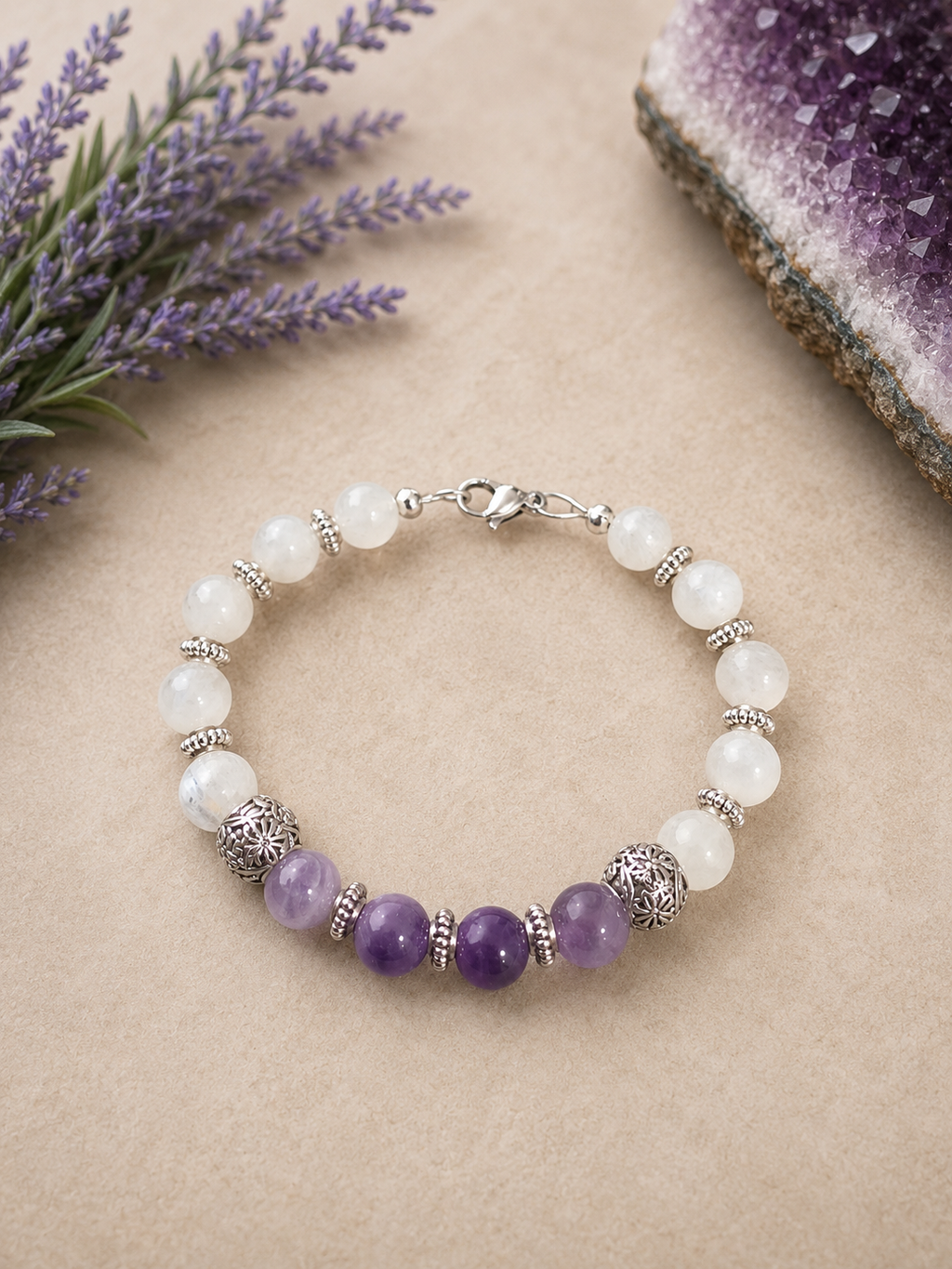 Moonlit Harmony – AAA Chevron Amethyst & AA Rainbow Moonstone Bracelet - Size 7.5