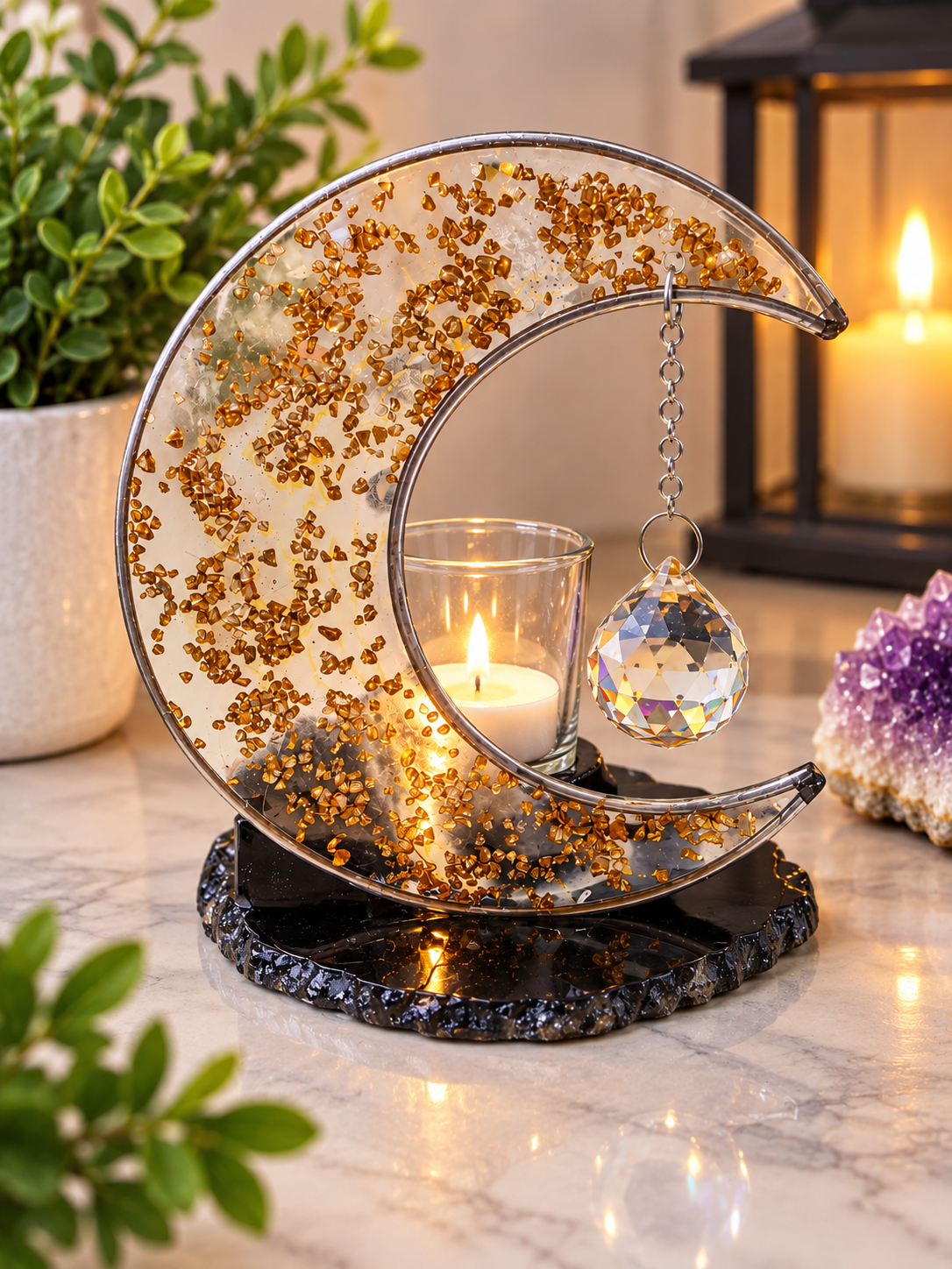 Golden Crescent Moon Candle Holder